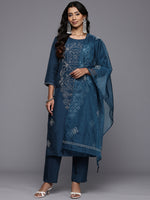 Thumbnail for Varanga Women Navy Blue Hand Embroidered Straight Kurta With Trousers And Embroidered Dupatta - Distacart