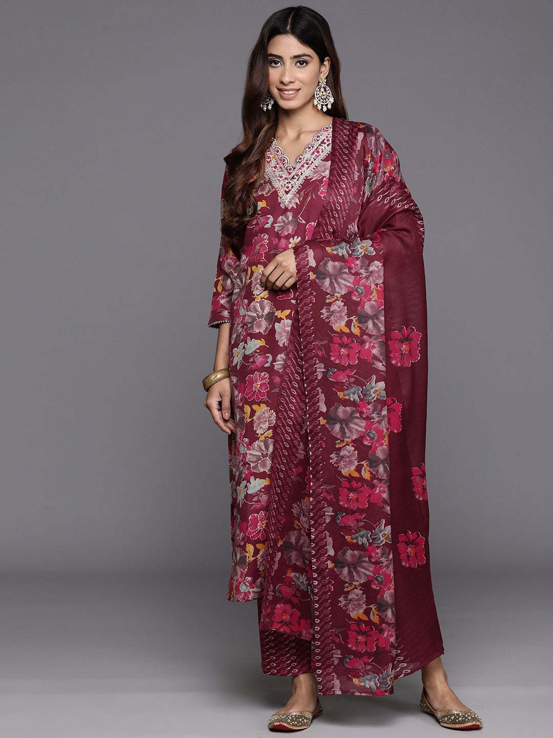 Varanga Women Maroon Floral Printed Embroidered Kurta Paired With Bottom And Dupatta - Distacart