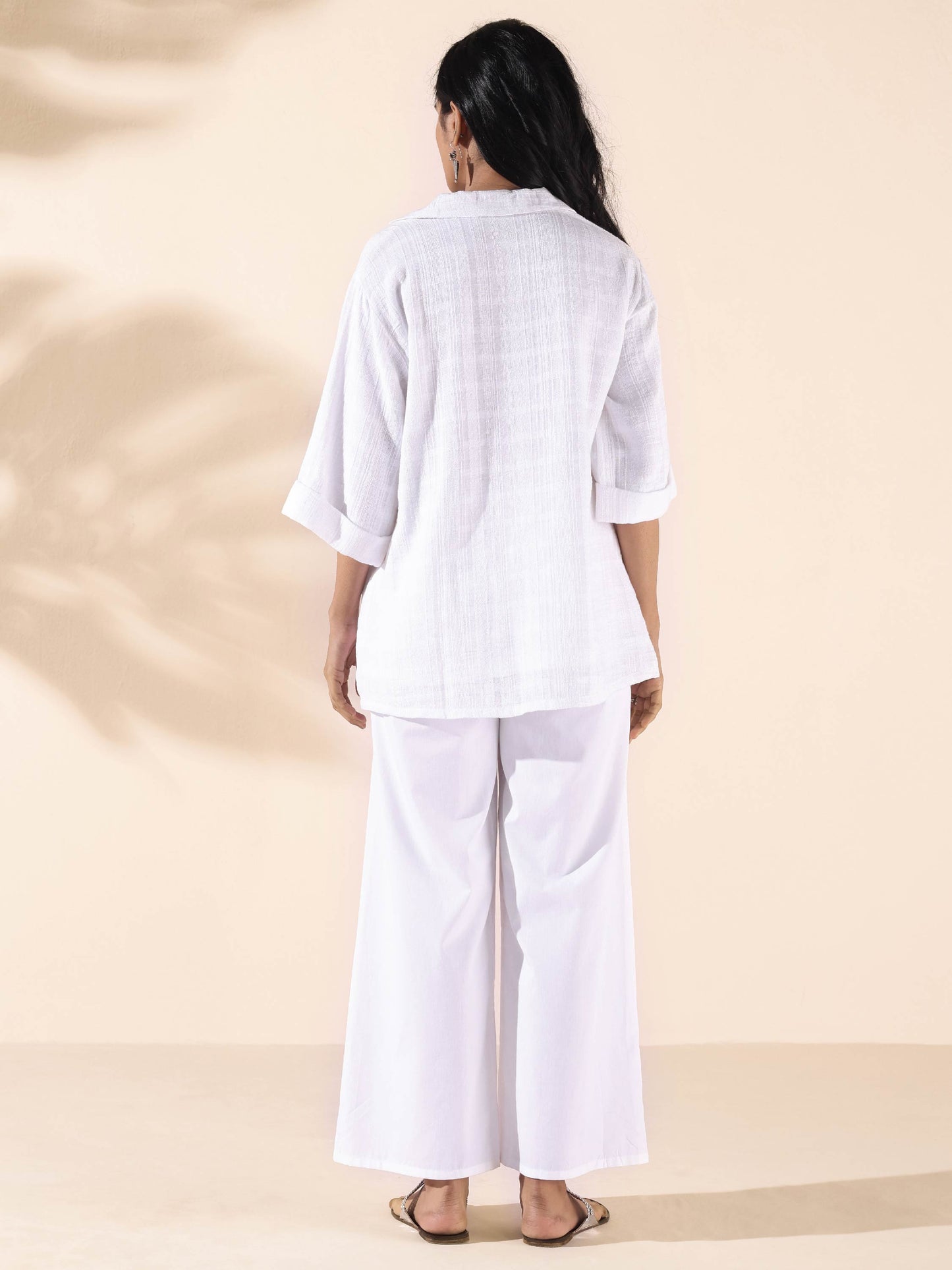 trueBrowns White Cotton Dobby V-Neck Co-ord Set - Distacart