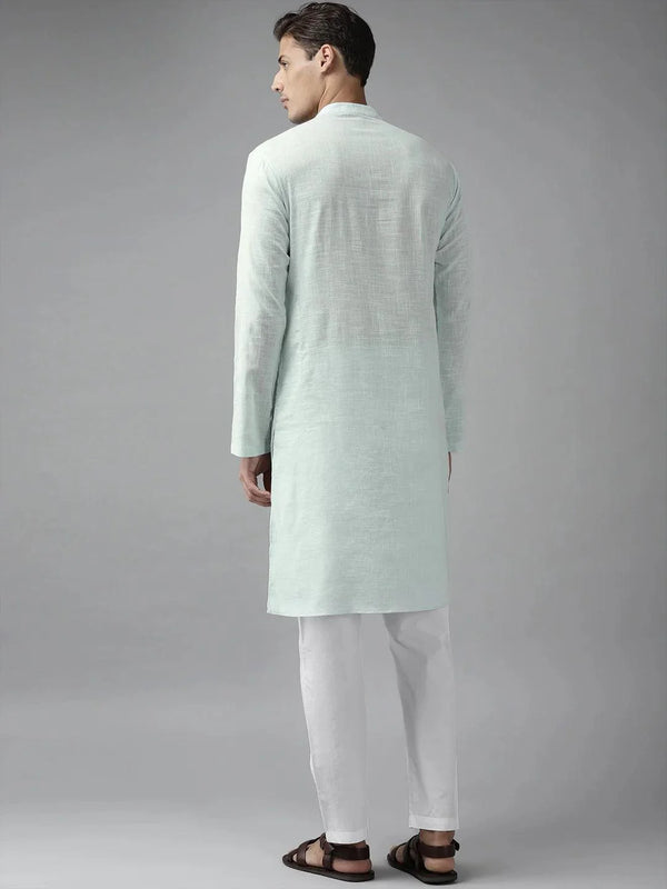 Fabmade Men Sky Blue Cotton Linen Straight Kurta