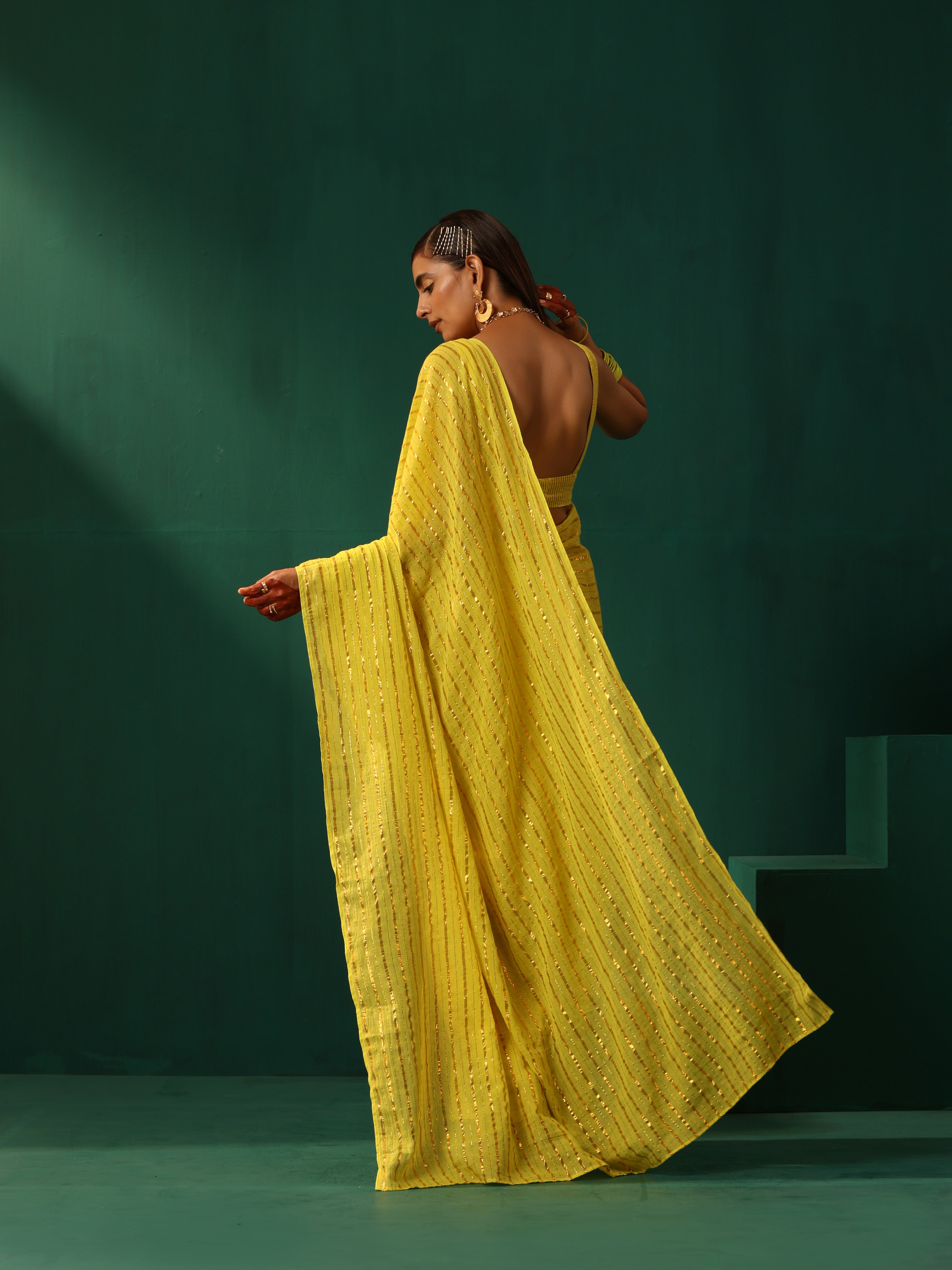 trueBrowns Lime Cotton Gold Lurex Striped Ready to Wear Saree - Distacart