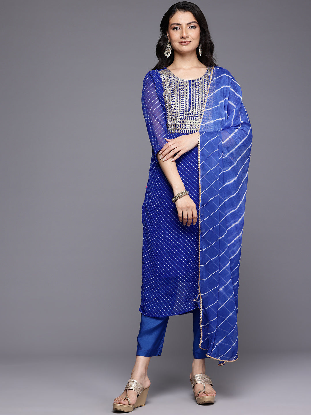 Varanga Women Navy Blue Bandhani Zari Emboridered Kurta Set With Dupatta - Distacart