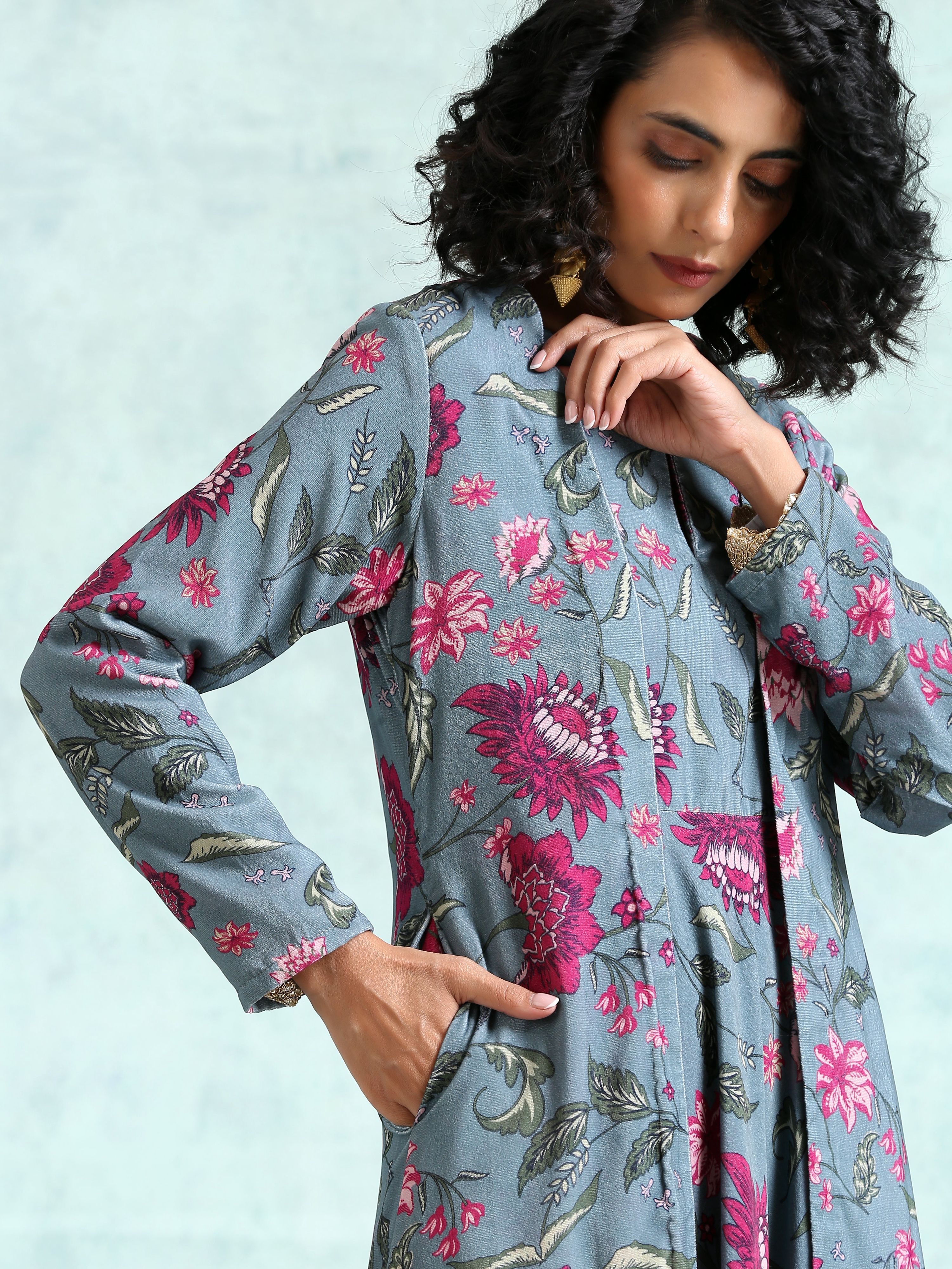trueBrowns Grey Printed Velvet Overlay Jacket - Distacart
