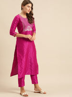 Thumbnail for Varanga Magenta Zari And Gota Patti Embroidery Kurta With Trouser With Multi Color Silk Dupatta - Distacart