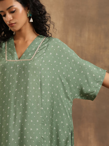 trueBrowns Light Green Bandhani Printed Silk Oversized Kurta Pant Set - Distacart