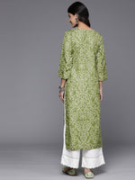 Thumbnail for Varanga Women Olive Bhandhani Print Gota Yoke Embroidered Kurta With Round Neck And With Tassel Detailings - Distacart