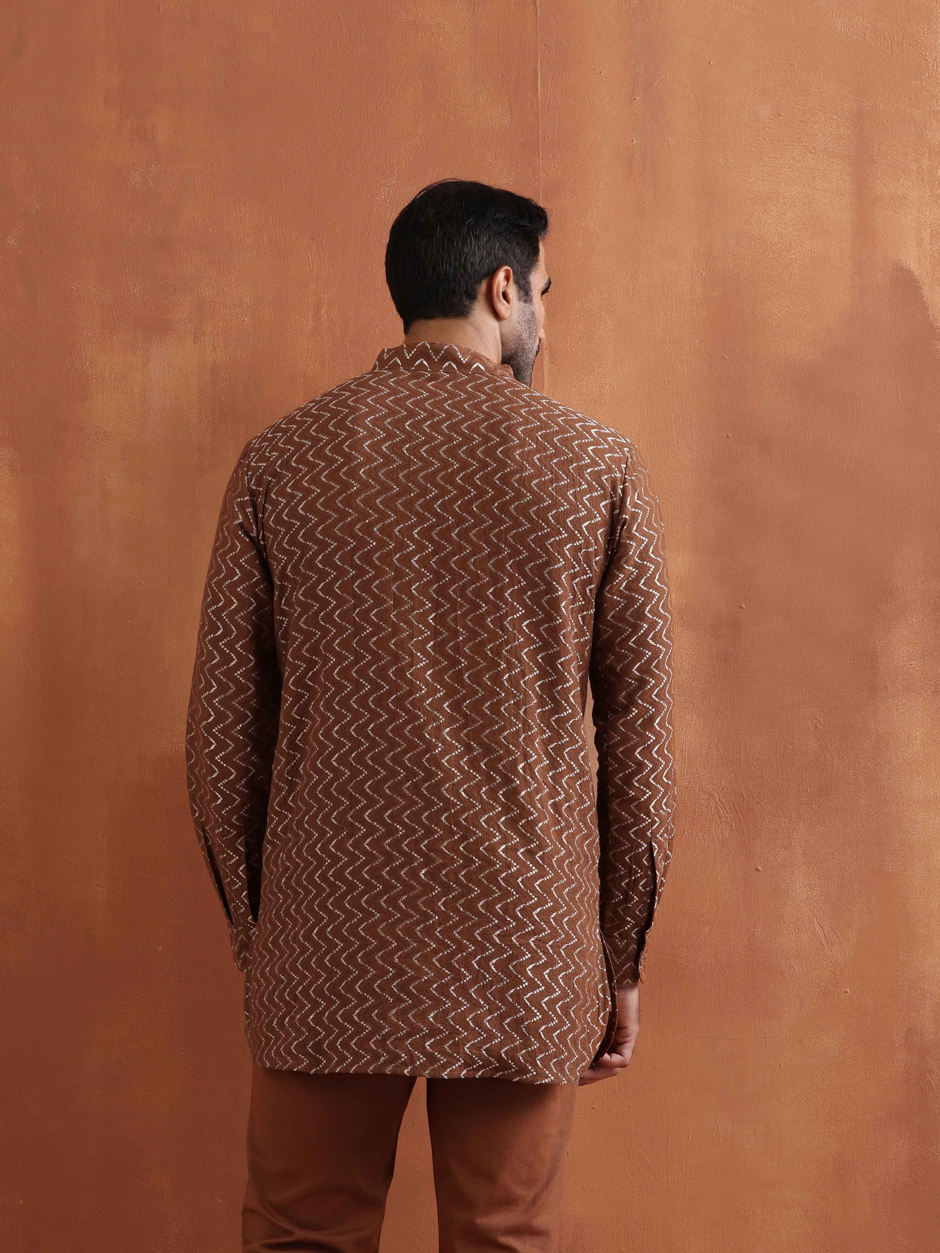 trueBrowns Men's Brown Cotton Dobby Short Kurta