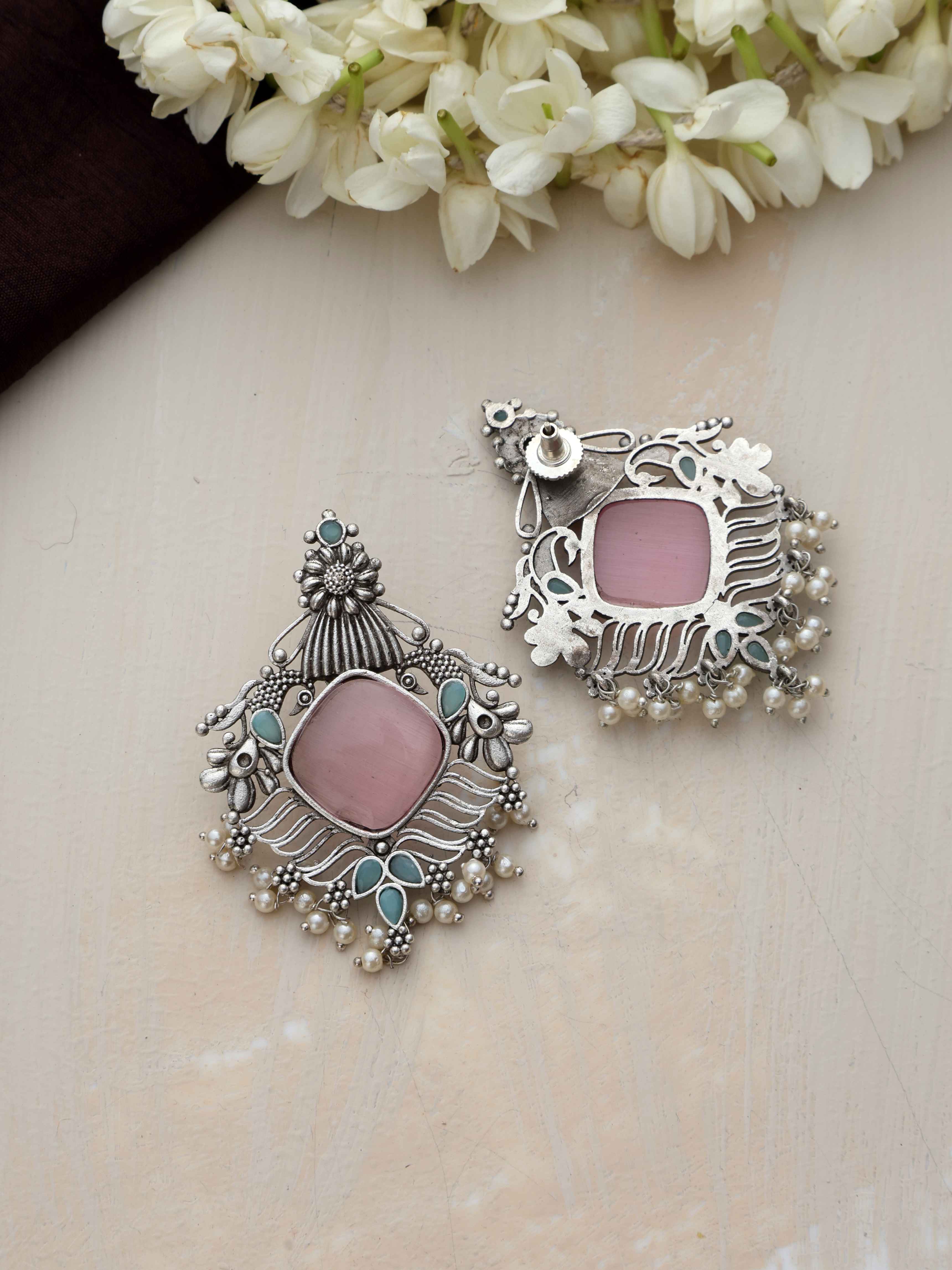 trueBrowns Silver Tone Pink Stone Pearl Drop Earrings - Distacart