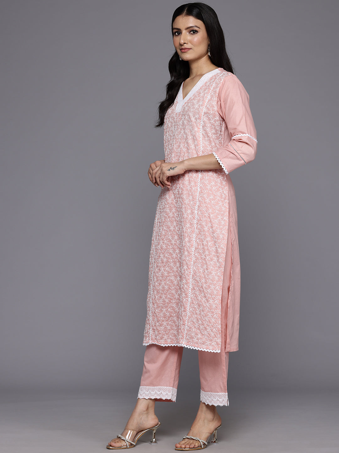 Varanga Women Pink V Neck Thread Embroidered With Tonal Bottom And Chiffon Dupatta - Distacart