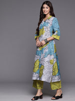 Thumbnail for Varanga Women Blue And Green Abstract Printed Shirt Collar, Straight Kurta With Side And Front Slits Paired With Printed Bottom - Distacart