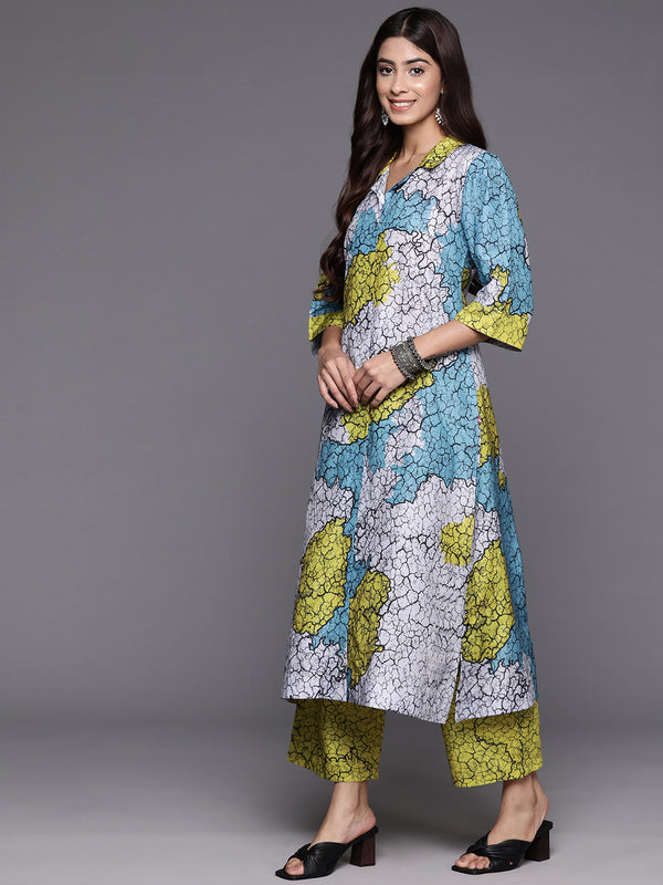 Varanga Women Blue And Green Abstract Printed Shirt Collar, Straight Kurta With Side And Front Slits Paired With Printed Bottom - Distacart