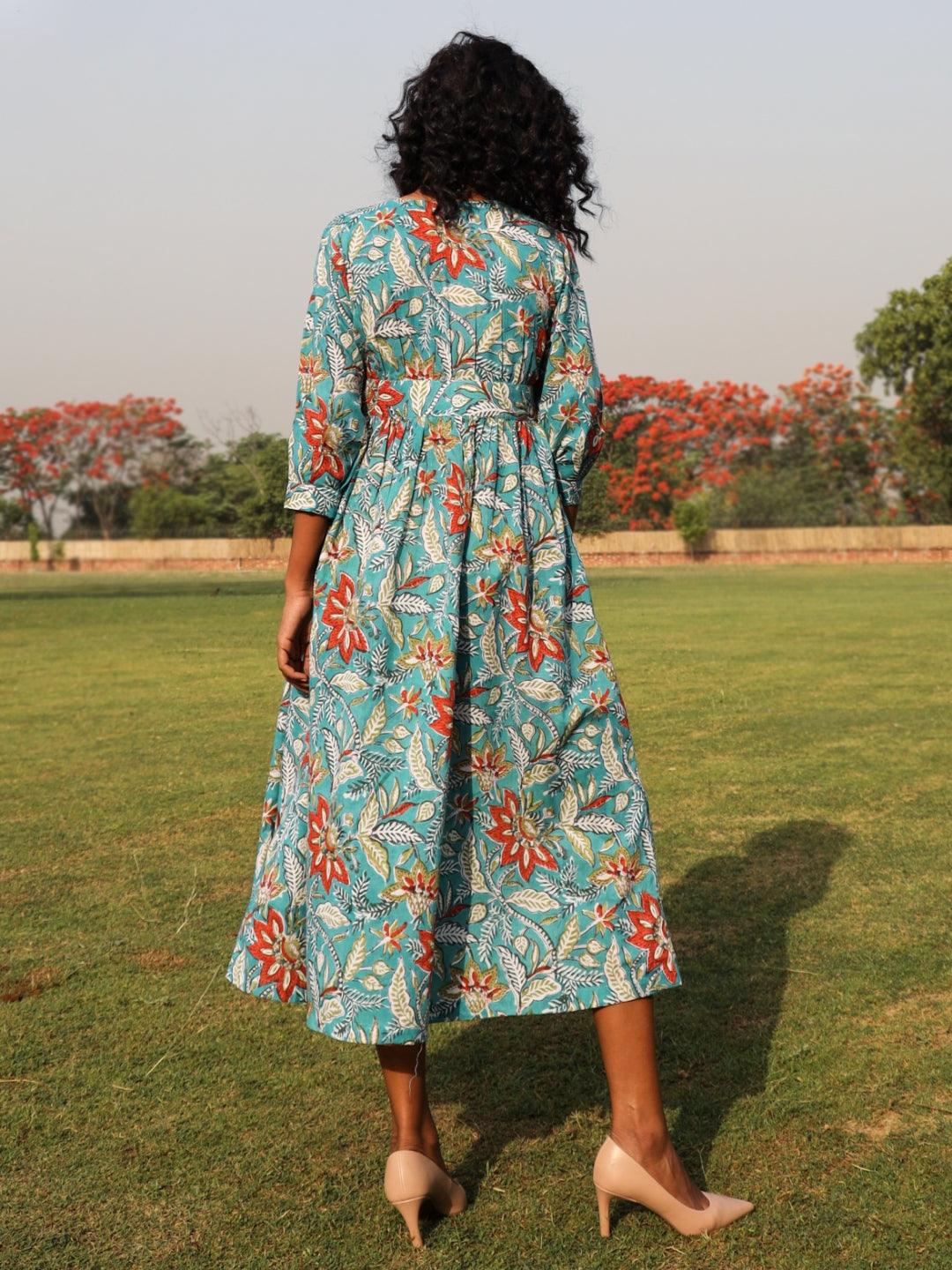 trueBrowns Teal Cotton Block Print Wrap Dress - Distacart