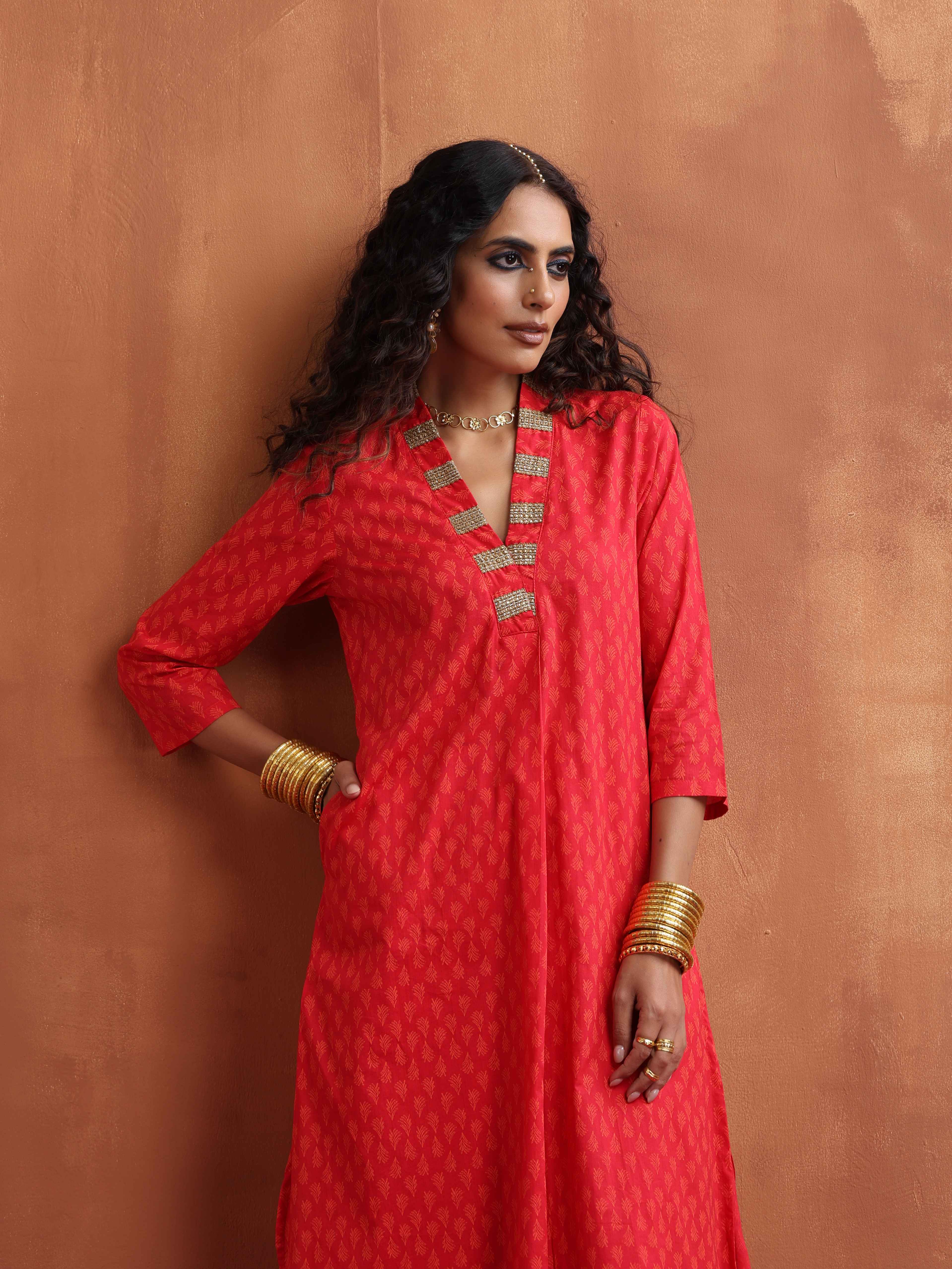 trueBrowns Red Print A-line Kurta Set - Distacart