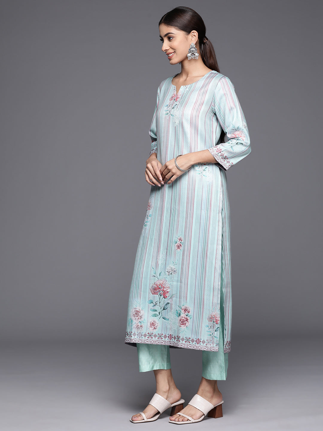 Varanga Women Blue Stripe Printed Straight Kurta Paired With Tonal Bottom And Dupatta - Distacart