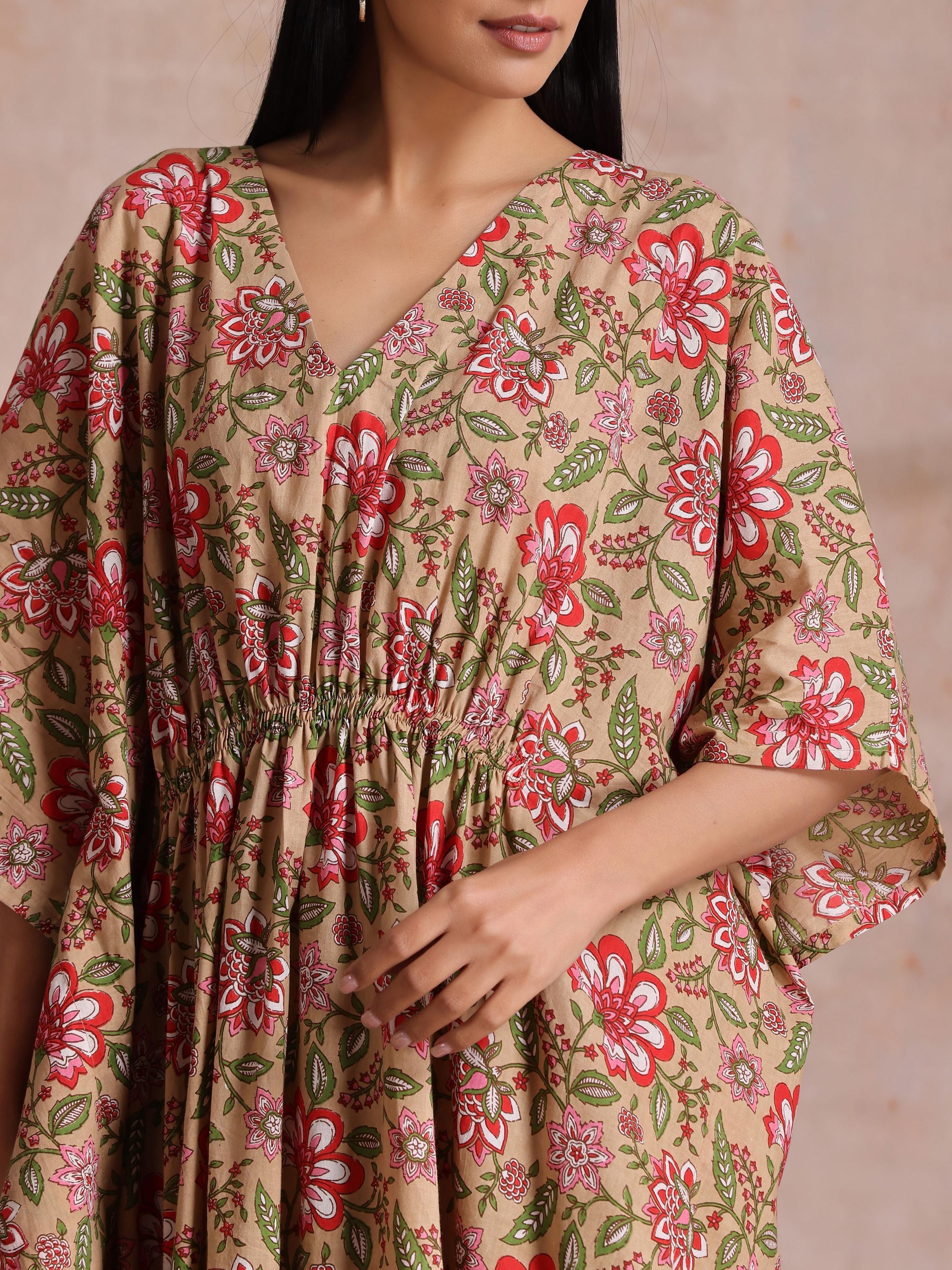 trueBrowns Beige Overall Big Floral Block Print Cotton Kaftan Dress - Distacart