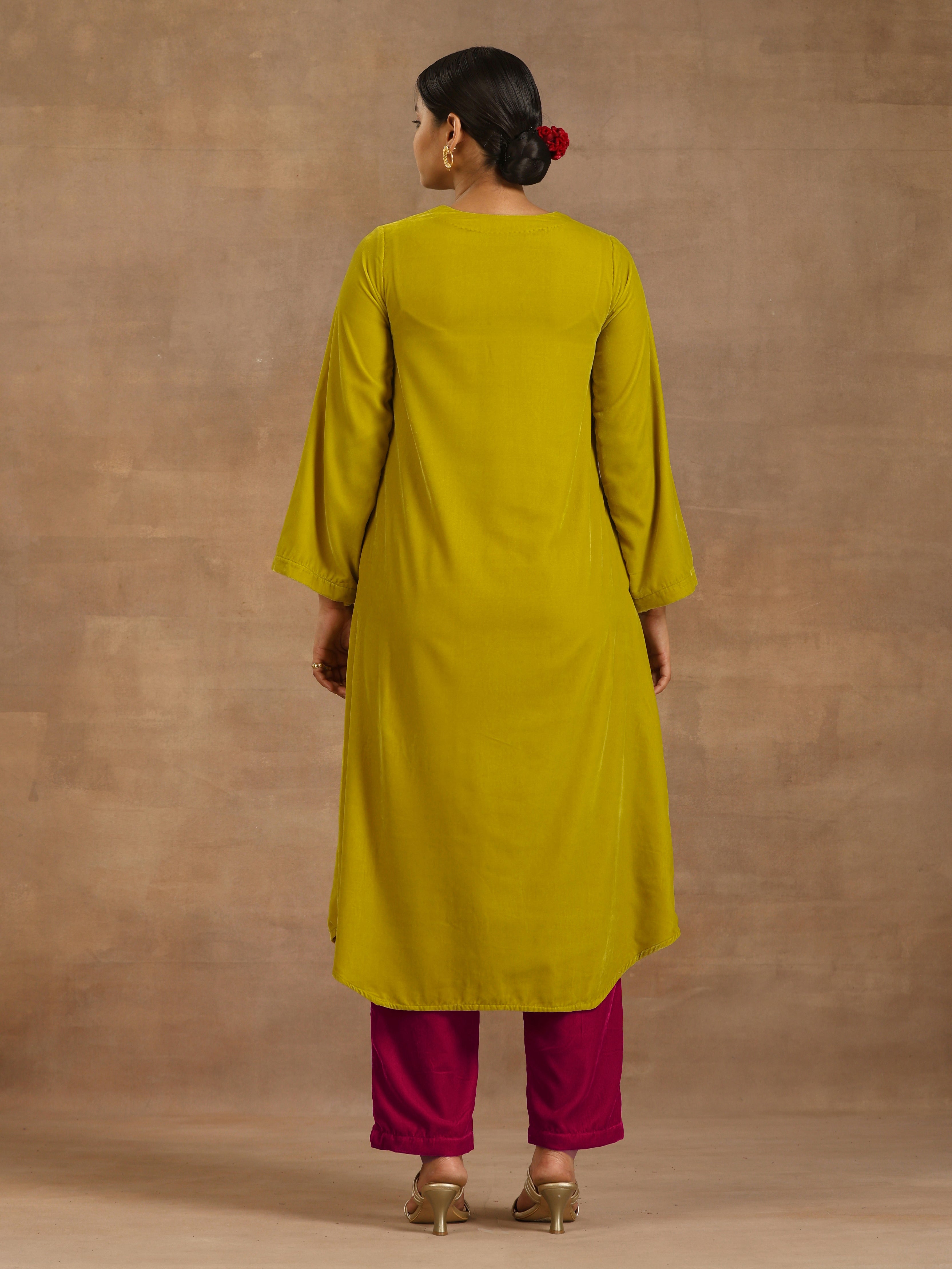 trueBrowns Lime Velvet Yoke Embroidered Kurta - Distacart