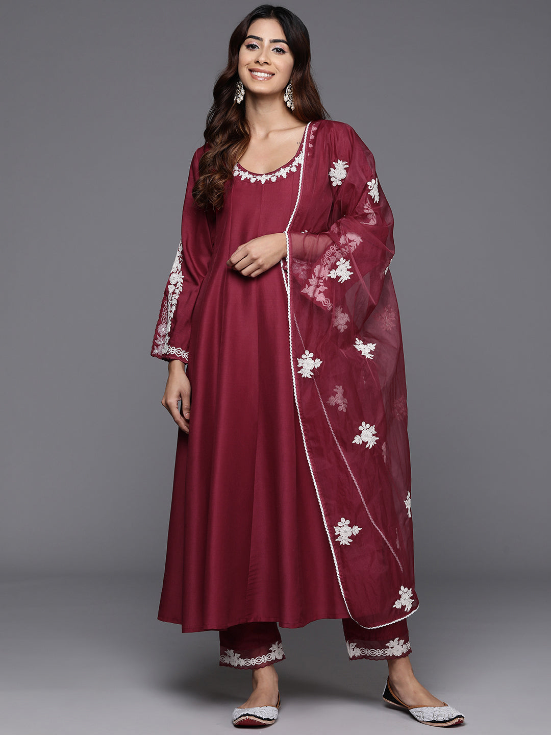 Varanga Women Thread Embroidered Round Neck With Full Sleeve Anarkali Kurta Paied With Tonal Bottom And Dupatta - Distacart