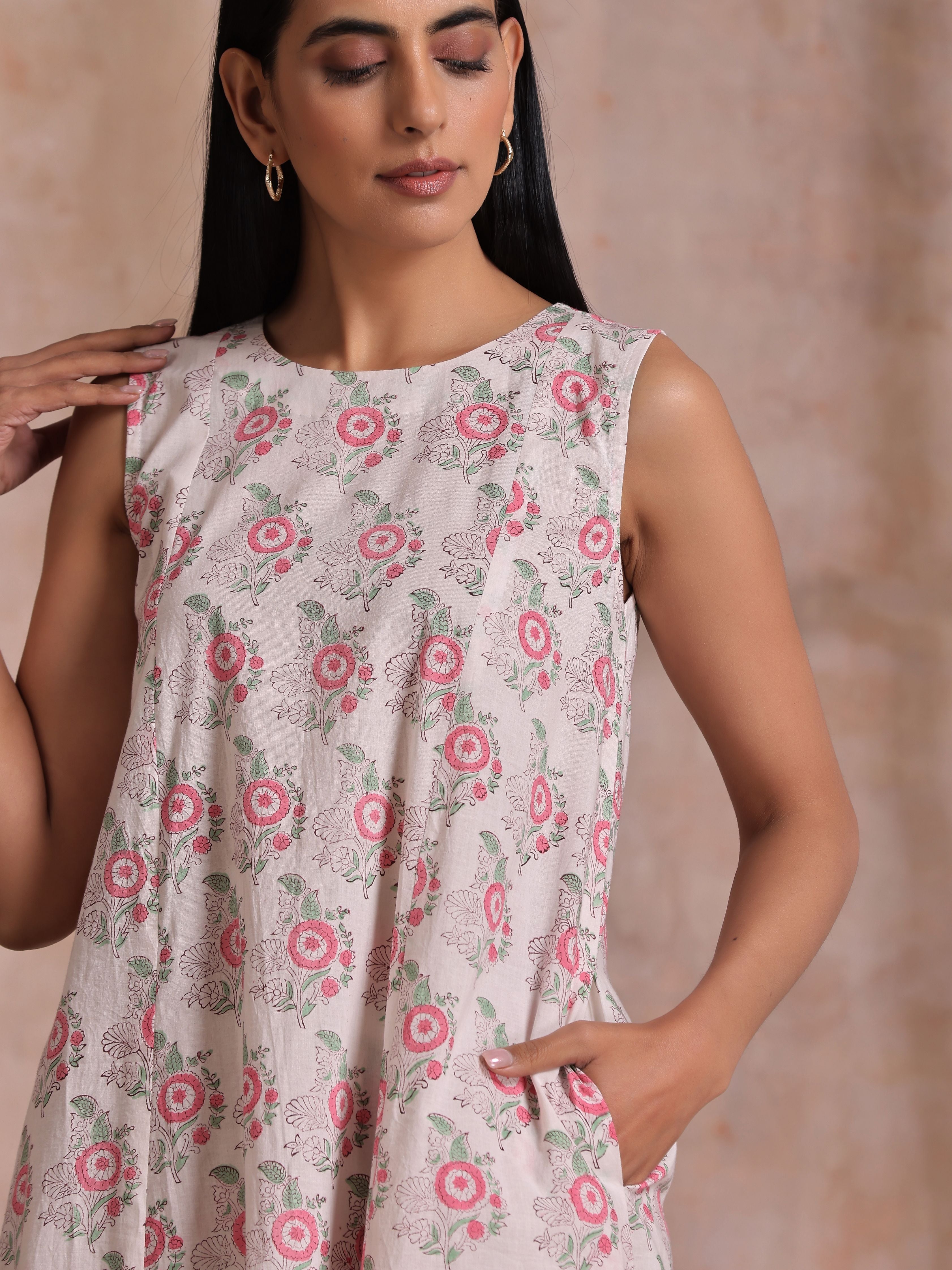 trueBrowns Pink Green Buta On White Block Print Cotton High-Low Co-Ord Set - Distacart