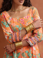 Thumbnail for trueBrowns Orange Print Flared Anarkali Kurta Set - Distacart