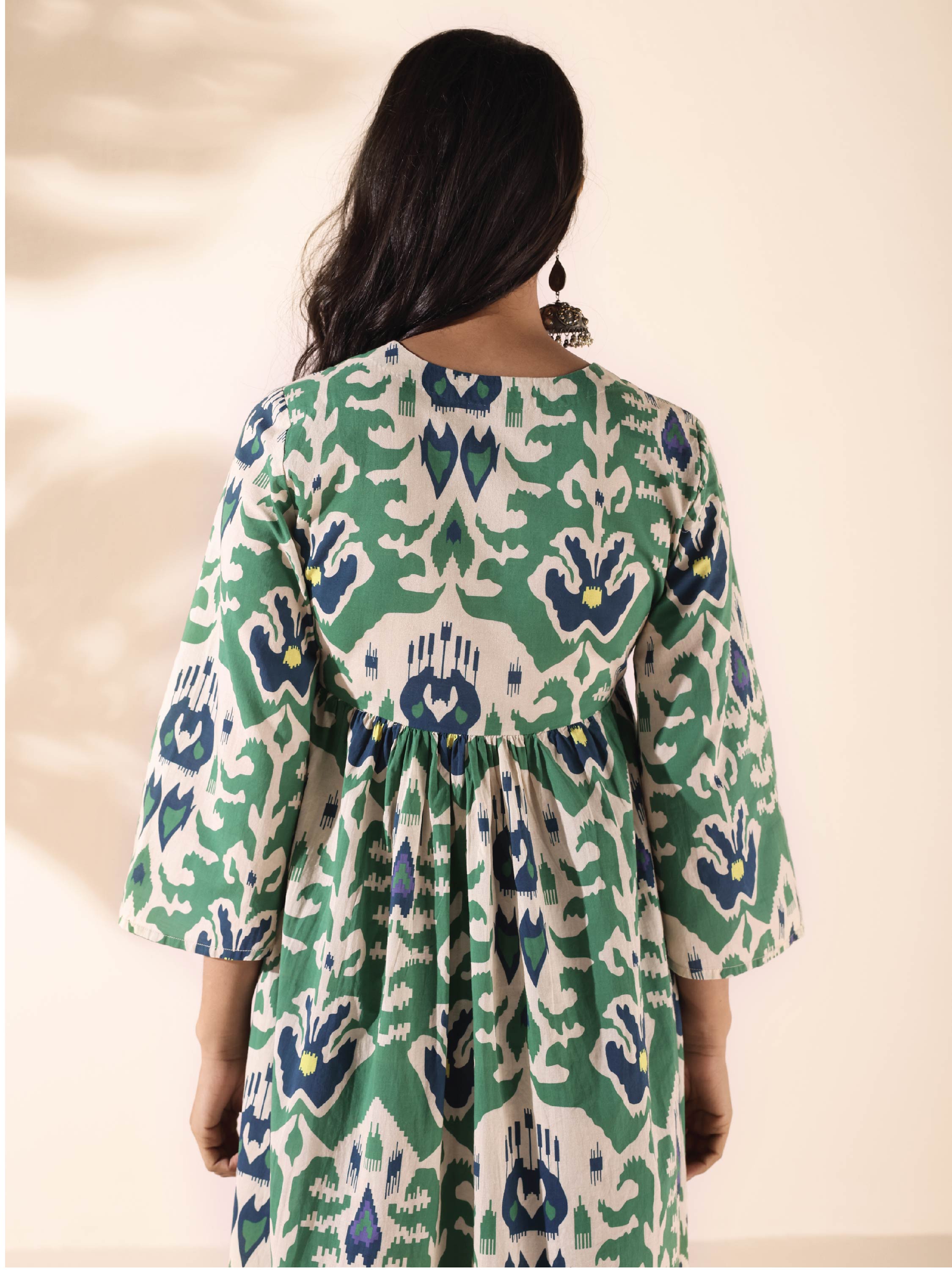 trueBrowns Green Cotton Ikat Flared Kurta Pant Set - Distacart