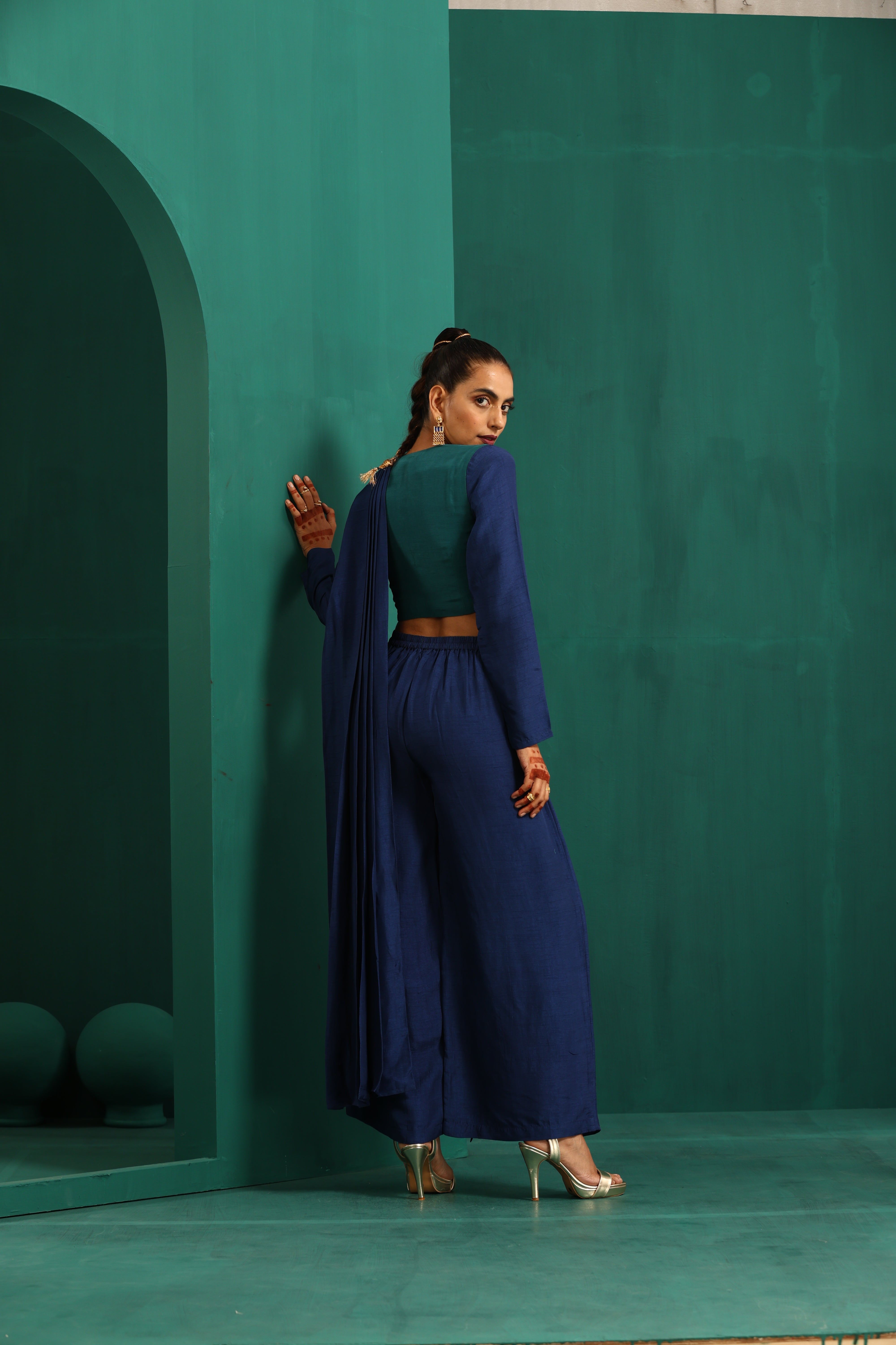 trueBrowns Blue Silk Palazzo Stitched Saree - Distacart