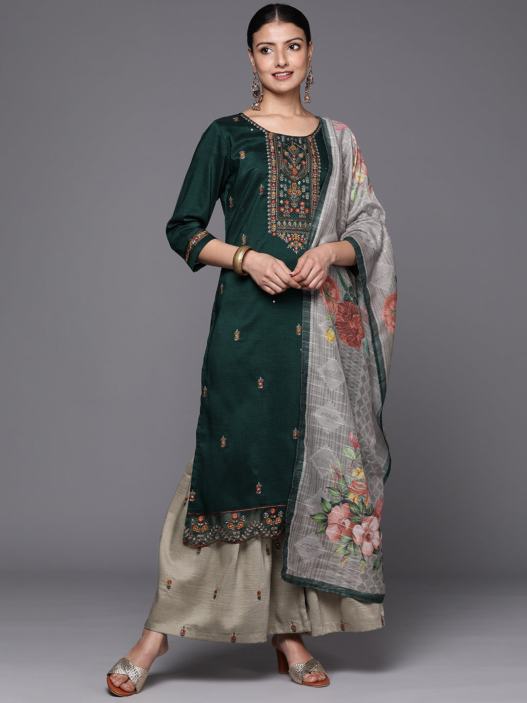 Varanga Women Green Three Quater Sleeve Embroidered Kurta Paired With Sharara And Dupatta - Distacart