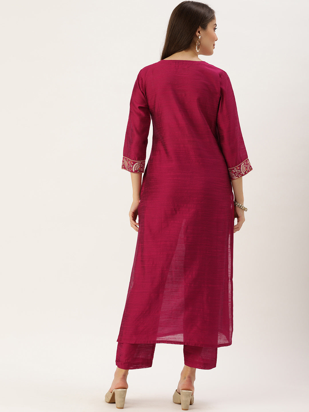 Varanga Magenta Silk Kurta With Woven Yoke And Fully Elasticated Trouser - Distacart