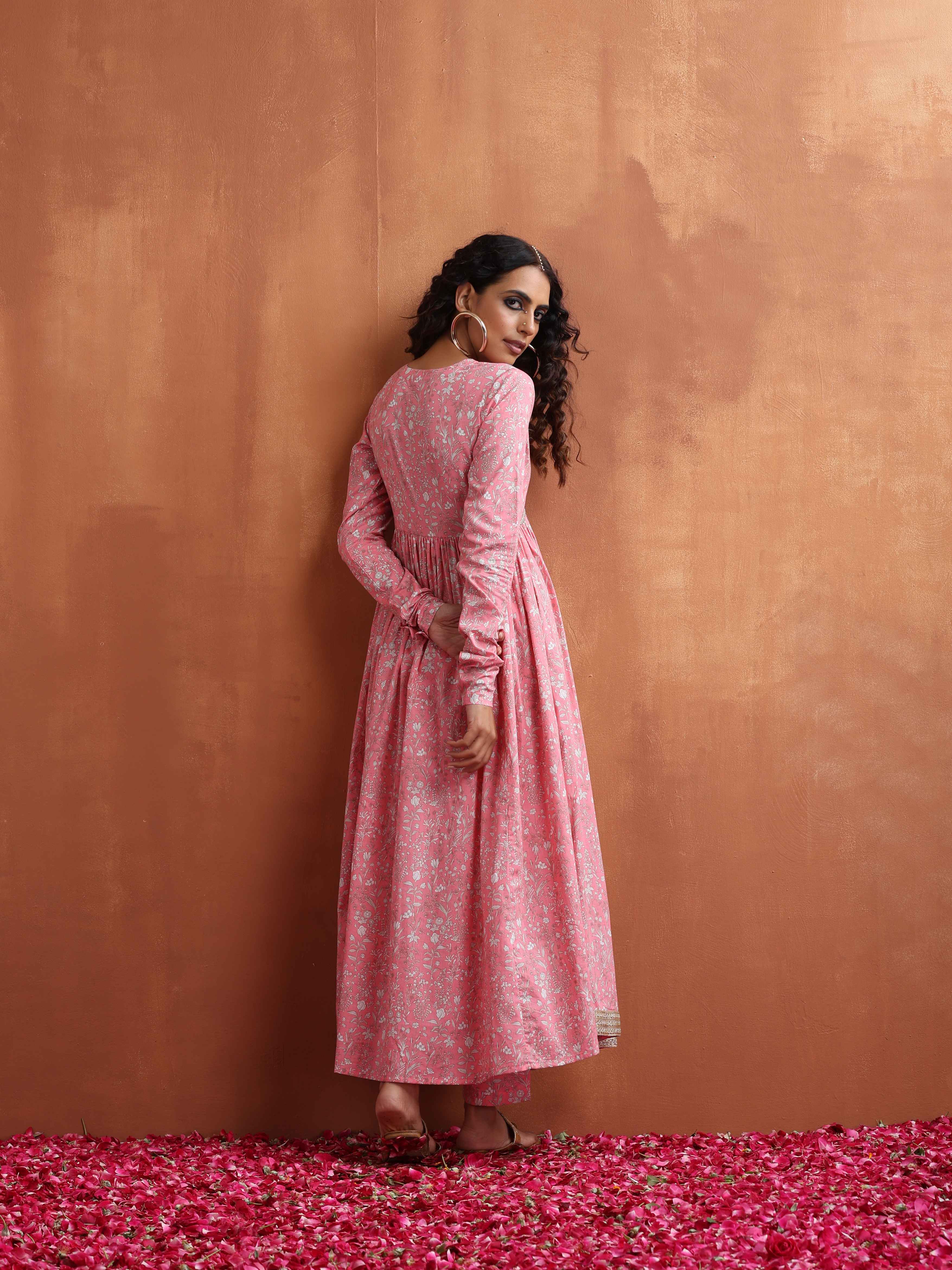 trueBrowns Pink Print Flared Anarkali Kurta Set - Distacart