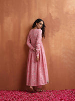 Thumbnail for trueBrowns Pink Print Flared Anarkali Kurta Set - Distacart