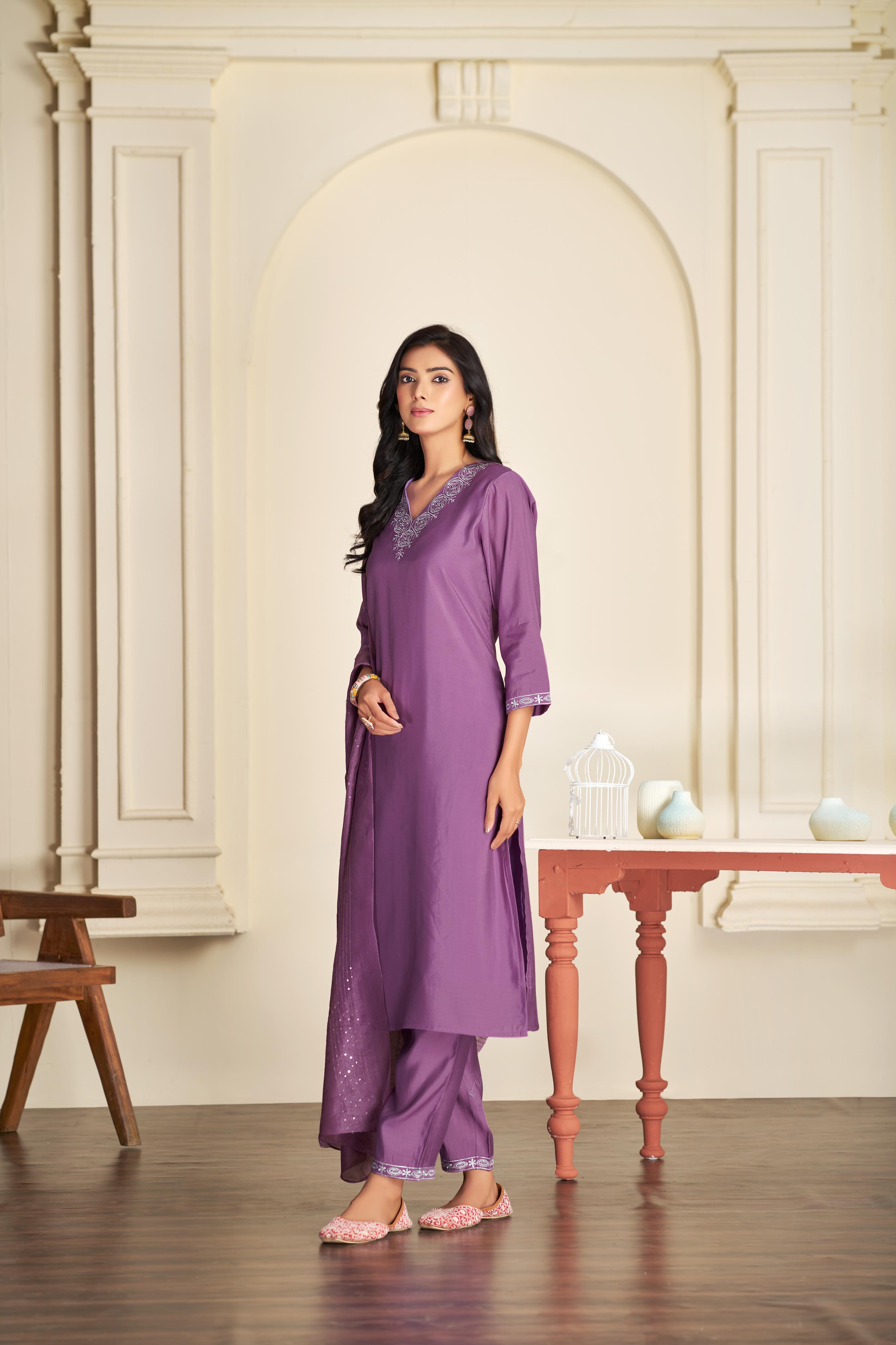 BulBul Mira Purple Silk Kurta Set with Dupatta