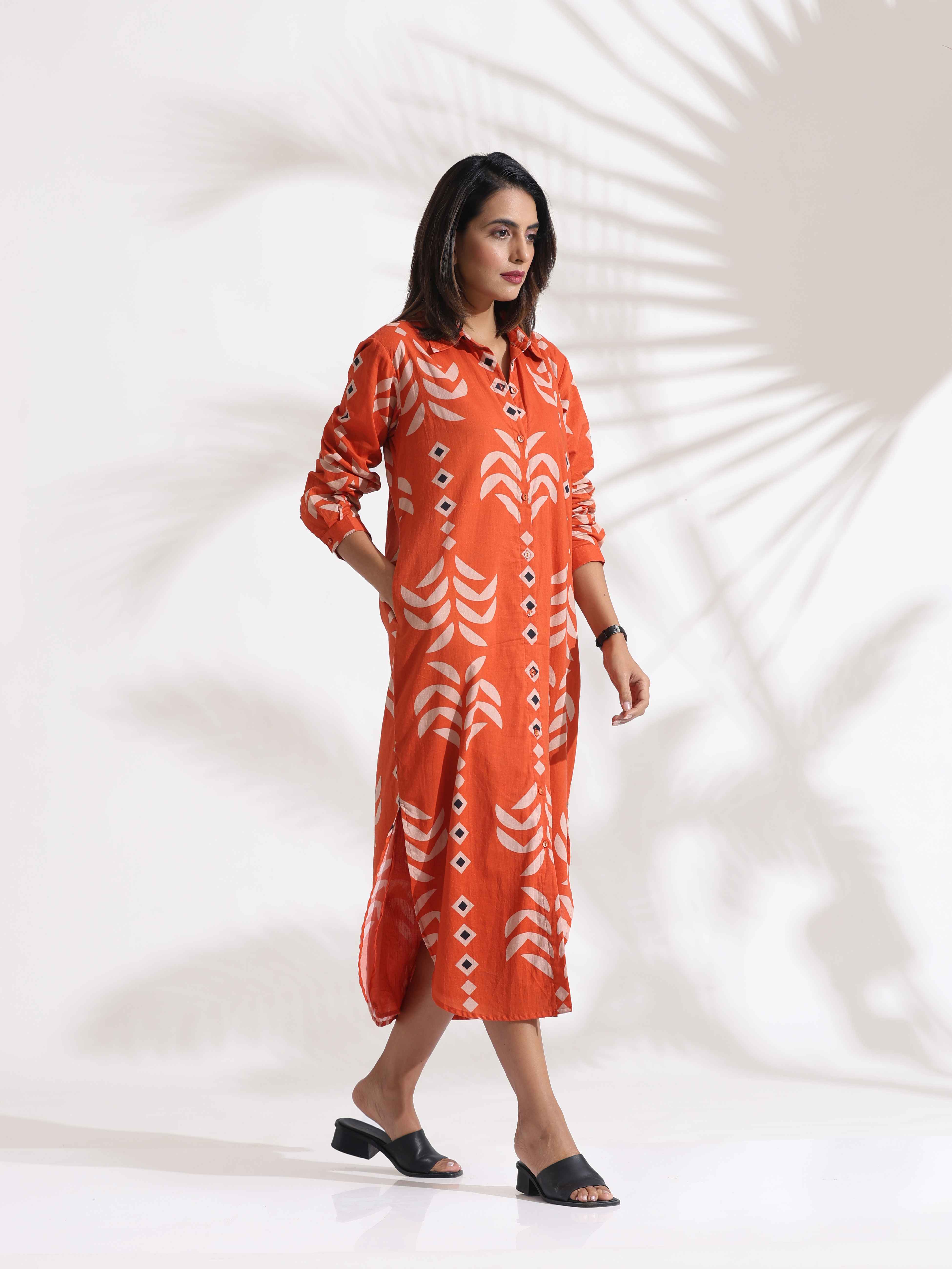 trueBrowns Orange Cotton Print Shirt Dress
