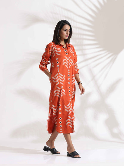 trueBrowns Orange Cotton Print Shirt Dress - Distacart