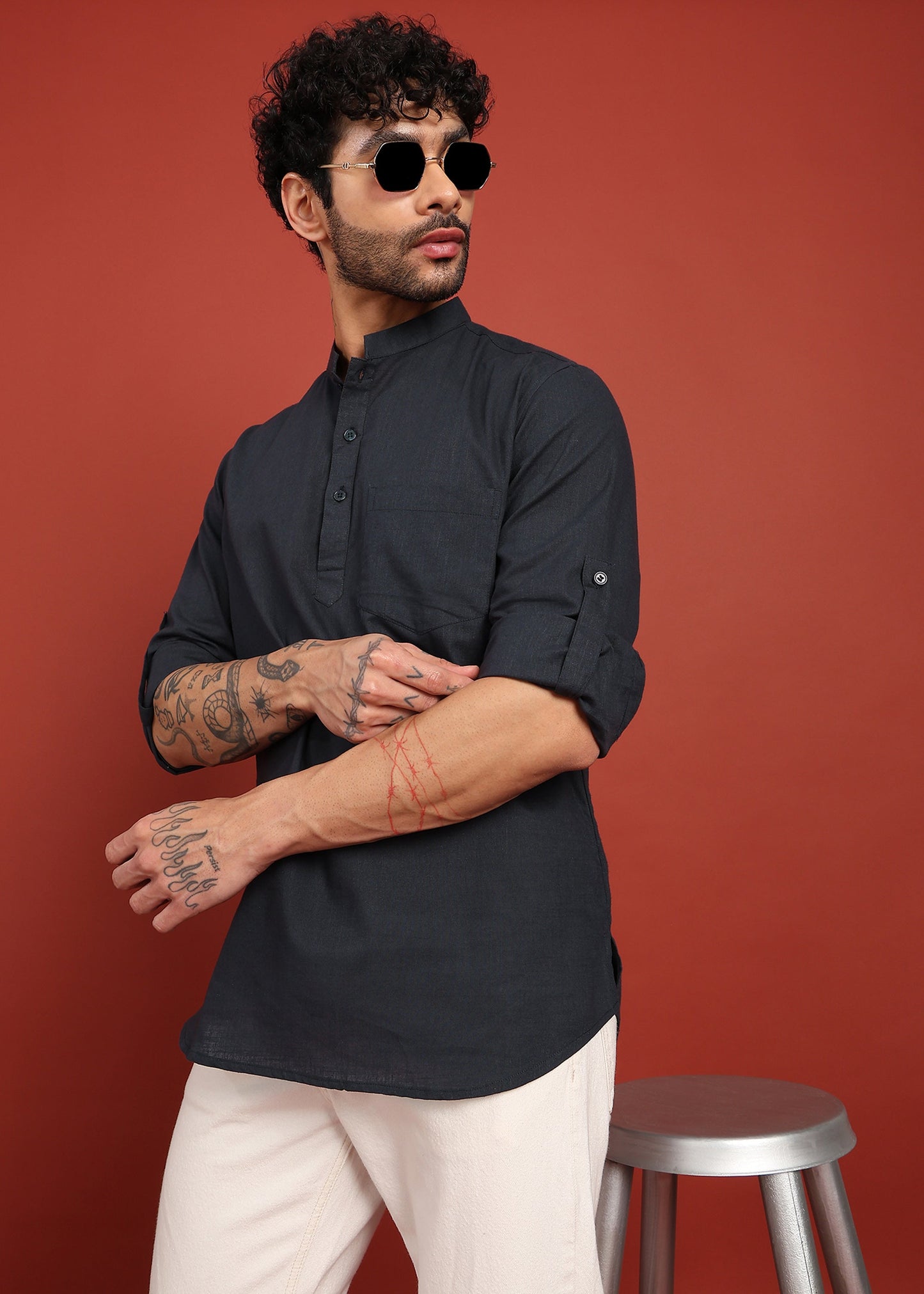 Fabmade Onyx Noir Mandarin Collar Short Kurta - Distacart