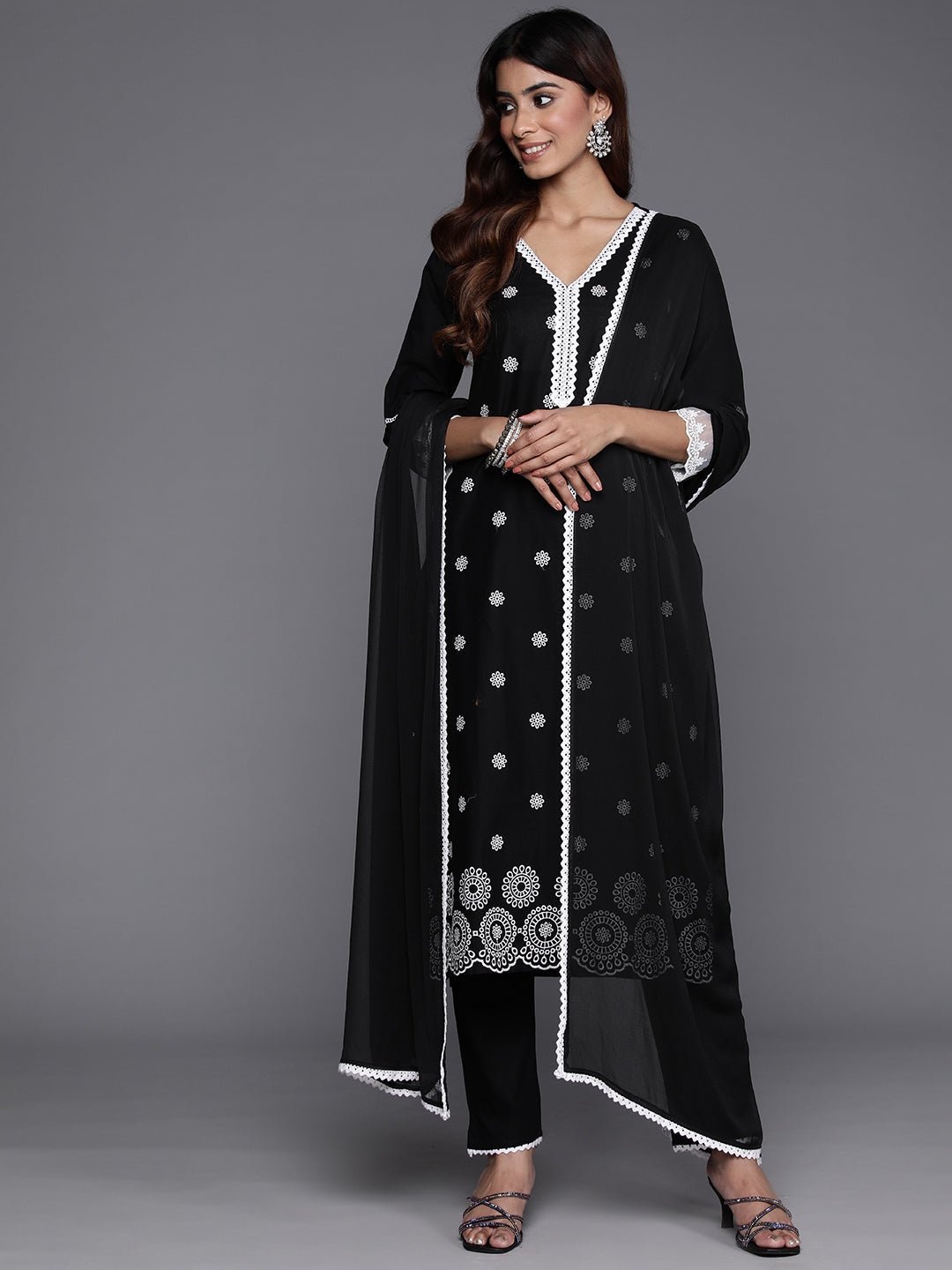 Varanga Women Black Thread Embroidered Straight Kurta With Bottom And Dupatta - Distacart