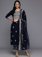 Thumbnail for Varanga Women Navy Blue Round Neck Thread Embroidered Kurta Paired With Bottom And Dupatta - Distacart