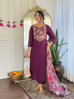 Thumbnail for The52 Women's Viscose Chanderi Fabric Straight Kurta, Pant and Dupatta Set