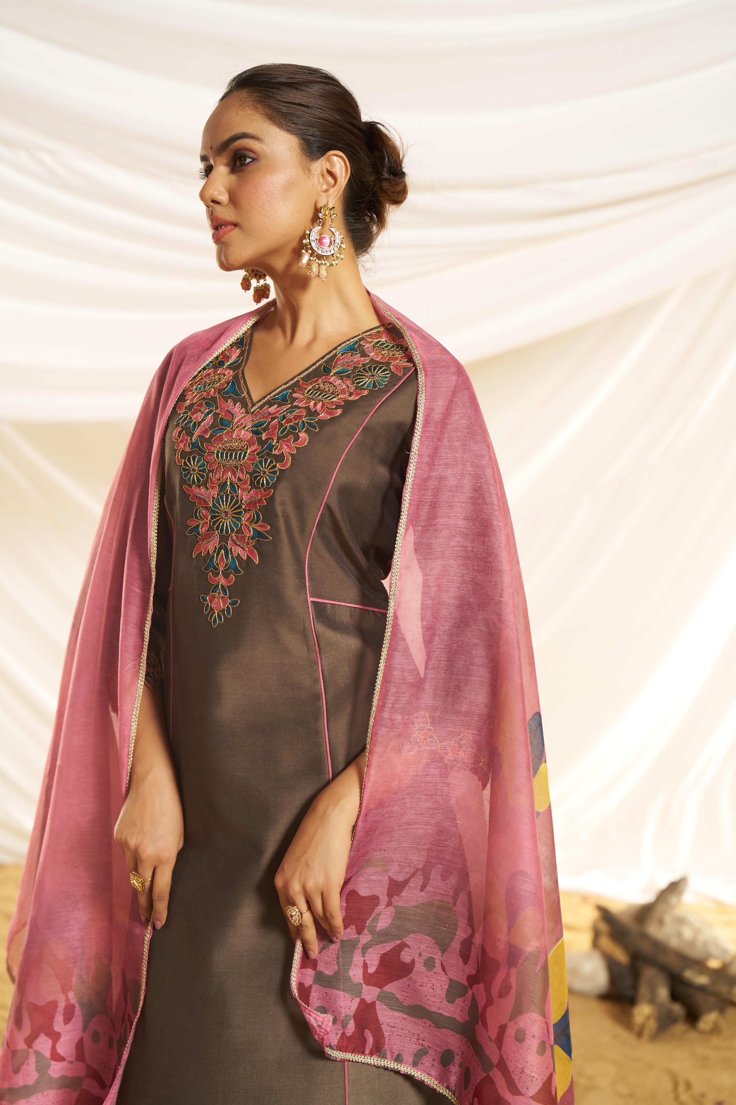 BulBul Women Brown Embroidered Premium Silk Straight-Shoulder Cut Suit With Dupatta