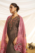 Thumbnail for BulBul Women Brown Embroidered Premium Silk Straight-Shoulder Cut Suit With Dupatta