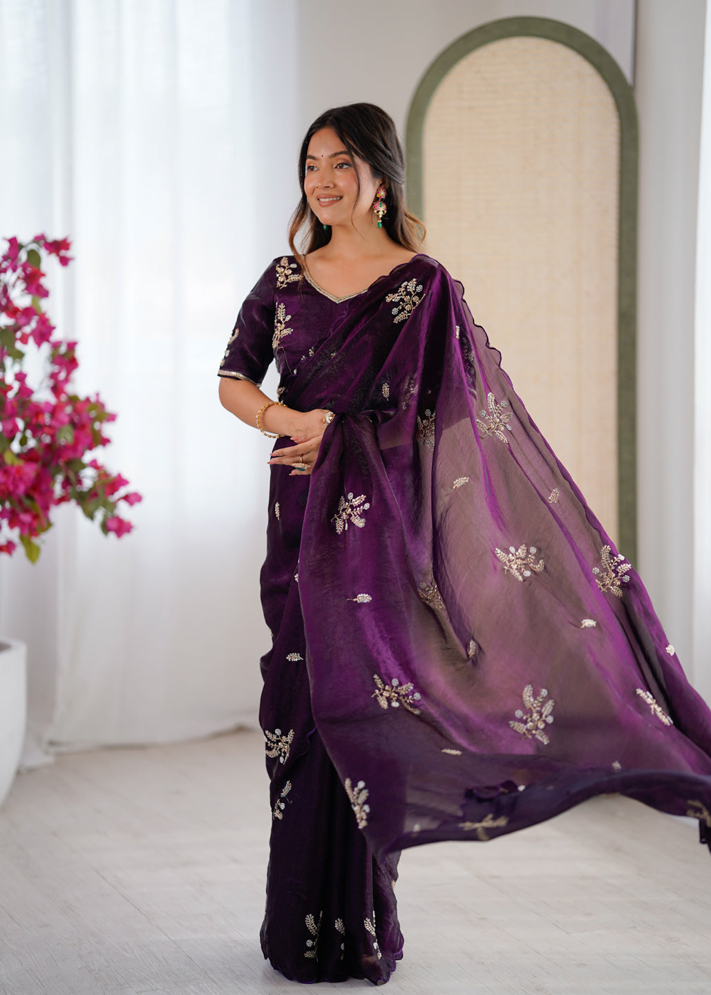Evanik Designer Heavy Fendy Satin With Beads Embroidered Work Saree With Unstitched Blouse