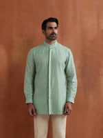 Thumbnail for trueBrowns Men's Green Cotton Dobby Front Open Short Kurta