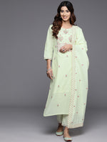 Thumbnail for Varanga Women Green Thread And Sequins Embroidered Kurta With Tonal Bottom And Dupatta - Distacart