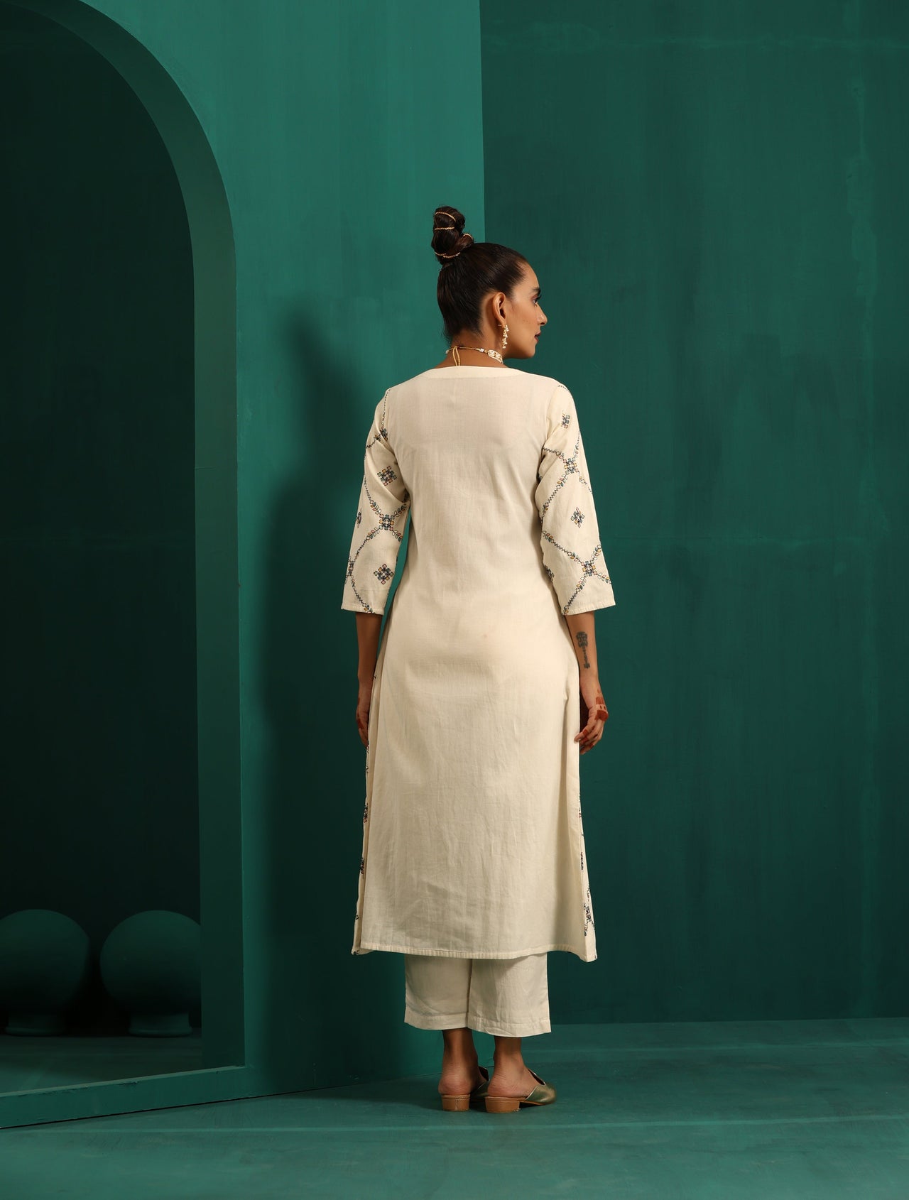 trueBrowns Ivory Rhombus Cotton Angrakha Kurta Pant Set - Distacart