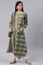 Thumbnail for Ahika Grey And Beige Striped A Line Panelled Kurta with pockets