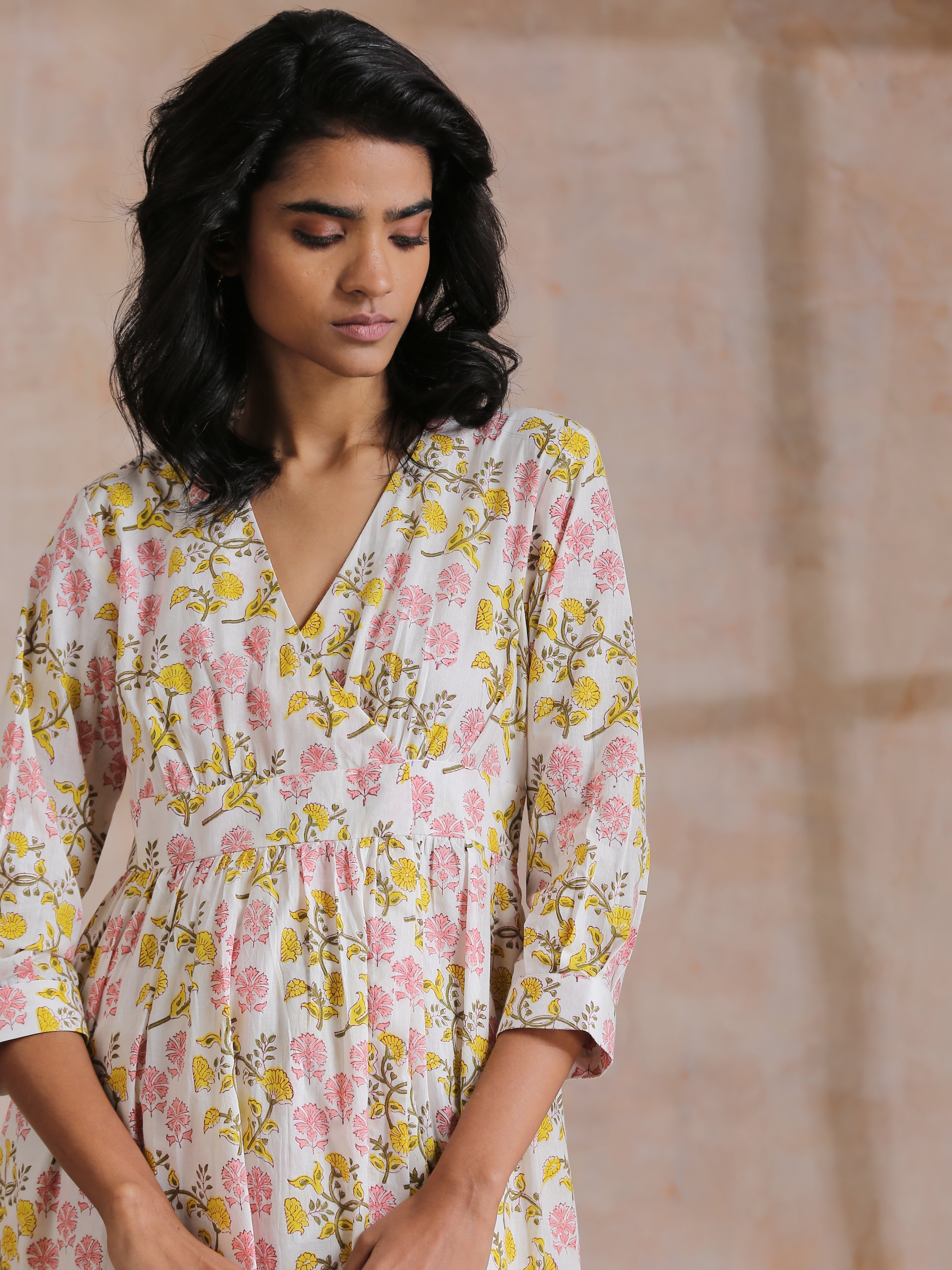 trueBrowns Pink Yellow Floral On White Block Print Cotton Wrap Dress | Relove