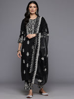 Thumbnail for Varanga Women Black Round Neck Thread Embroidered Kurta Paired With Bottom And Dupatta - Distacart