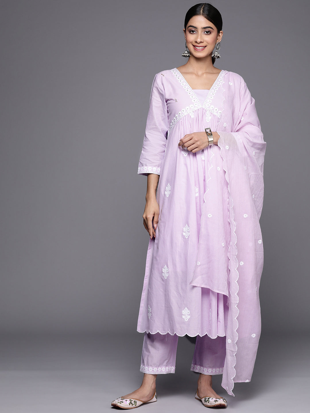 Varanga Women Lavender Embroidered A-Line Empire Kurta Paired With Tonal Bottom And Tonal Embroidered Dupatta - Distacart