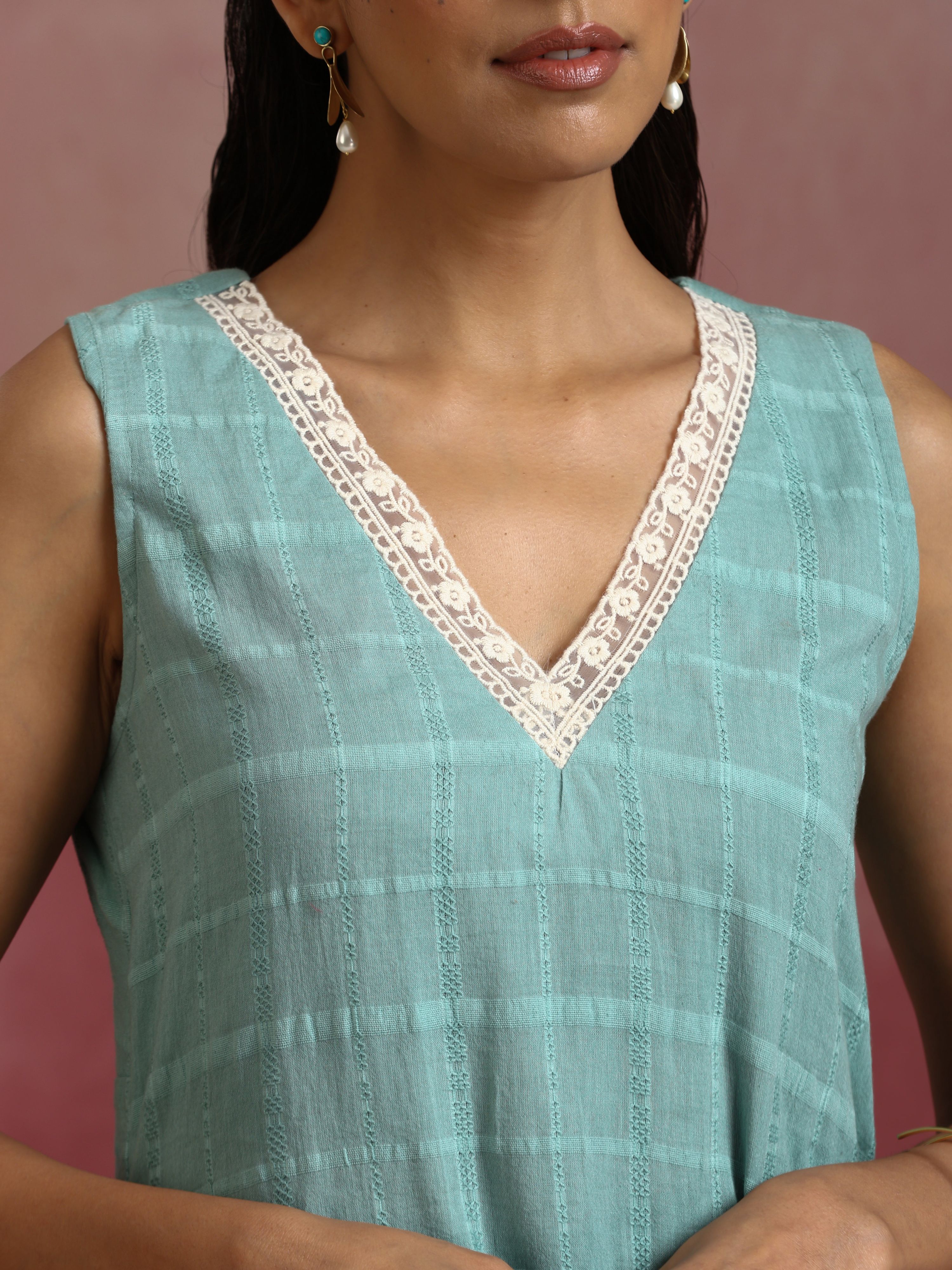 trueBrowns Aqua Blue Cotton Dobby High low Kurta Set - Distacart