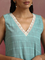 Thumbnail for trueBrowns Aqua Blue Cotton Dobby High low Kurta Set - Distacart