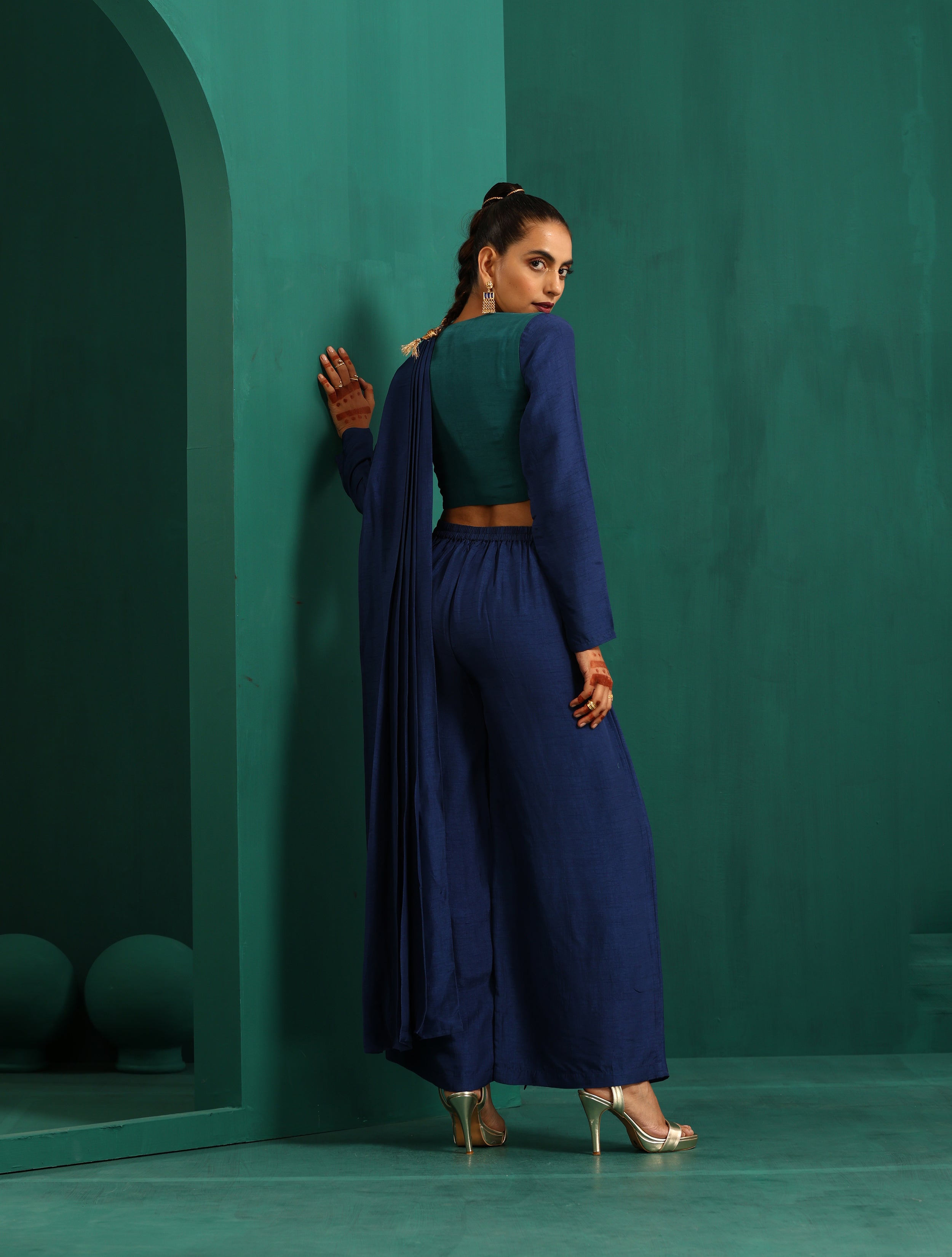 trueBrowns Teal Silk Full Sleeve Blouse - Distacart