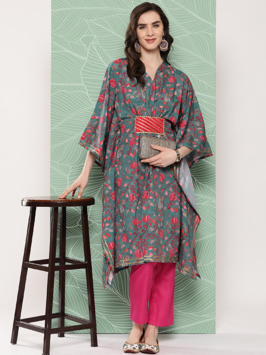 Ahalyaa Women Floral Printed Flared Sleeves Gotta Patti Crepe Kaftan Kurta - Distacart